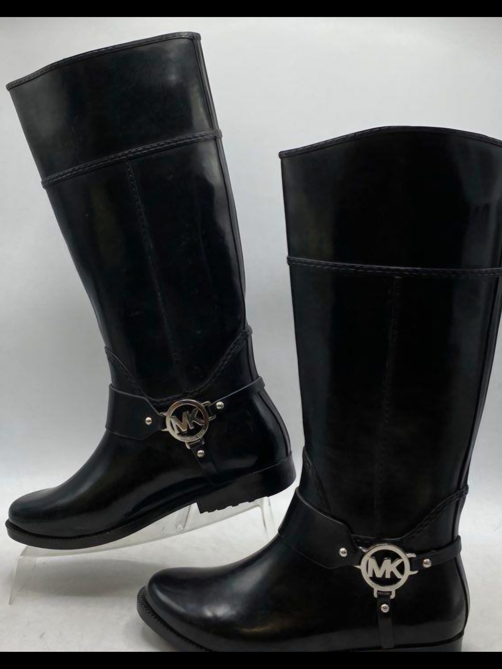 Michael Kors Black Leather Tall Harness RainBoots with MK Medallion Size 7